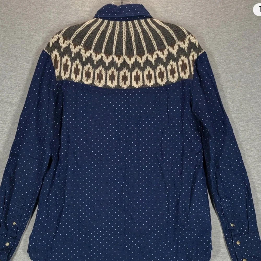 Free People Blue Polka Dot Wool Blend Buttoned Down Sweater Knit Inset Shirt.SzL - Picture 5 of 9